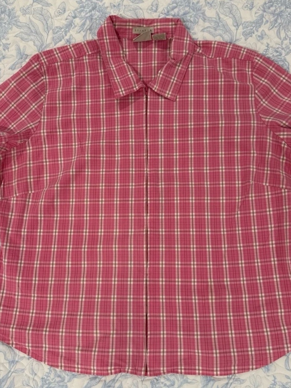 Vtg Fiorlini International Shirt Womens SZ XL Pink Plaid Short Sleeve  Zip Front